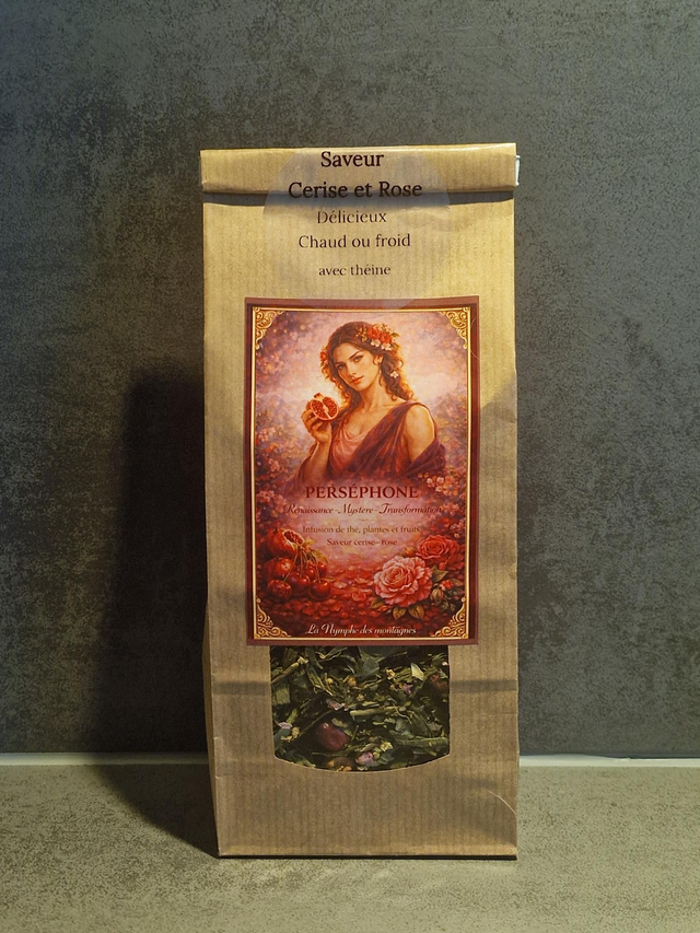 Perséphone - infusion aromatisée de feuilles de thé, plantes et fruits saveur Cerise et Rose 100g