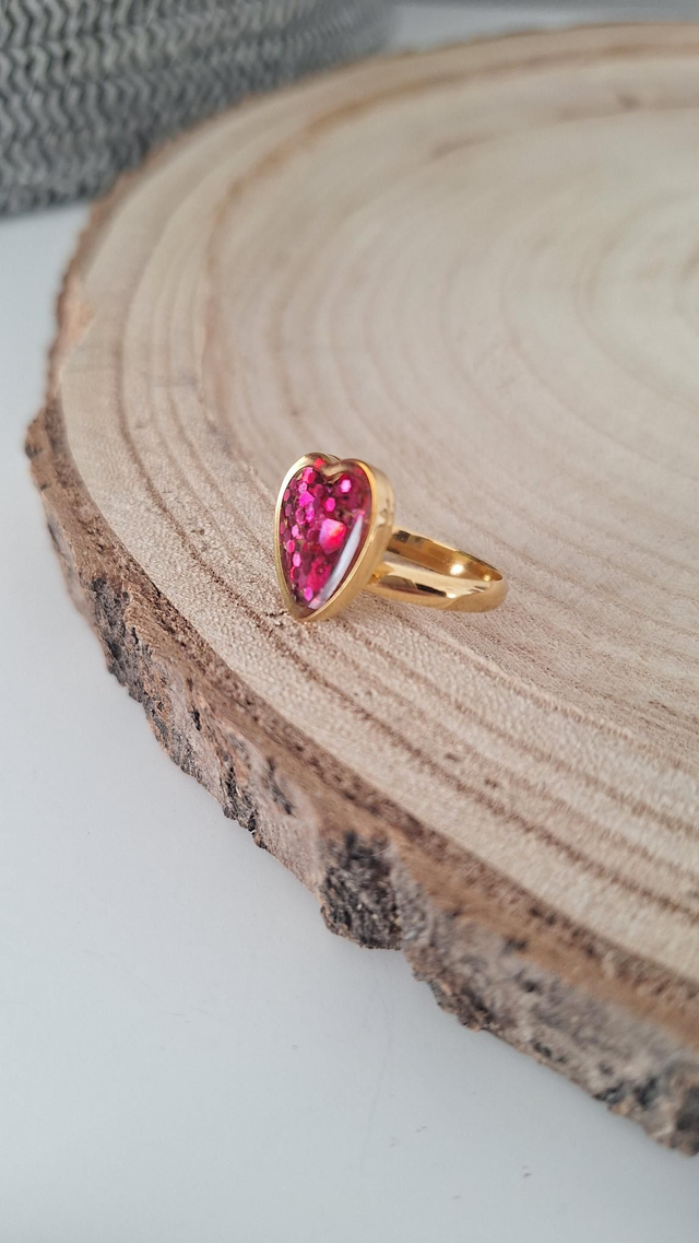 Bague réglable dorée cœur paillettes roses 
