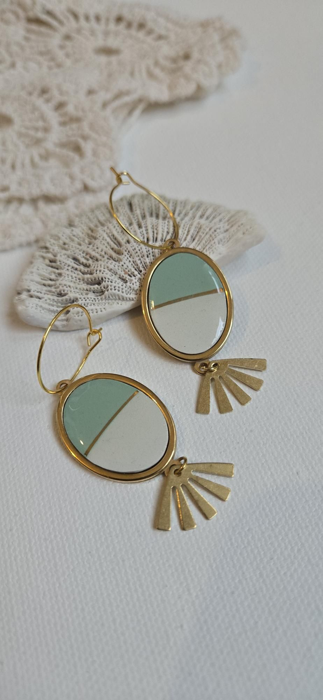 Paire de boucles d'oreilles - porcelaine Badonviller - acier inoxydable doré