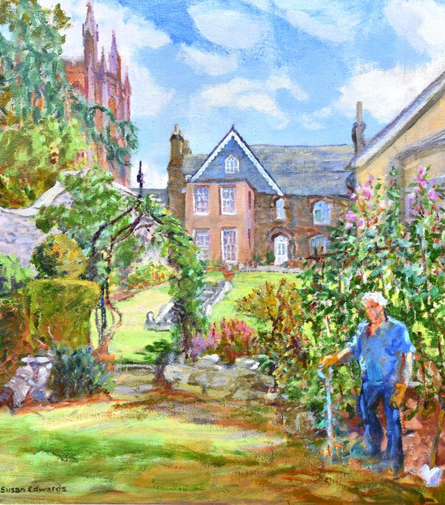 SE10 The Gardener, Hereford Cathedral by Susan Edwards, 46x51cm Oil On Linen