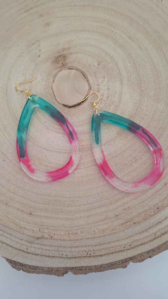 Boucles d'oreilles maxi gouttes vert/rose
