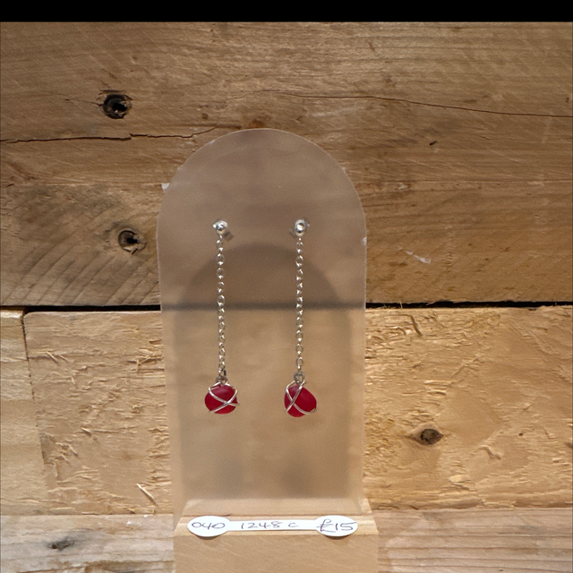 Silver Red Seaglass Drop Earrings  