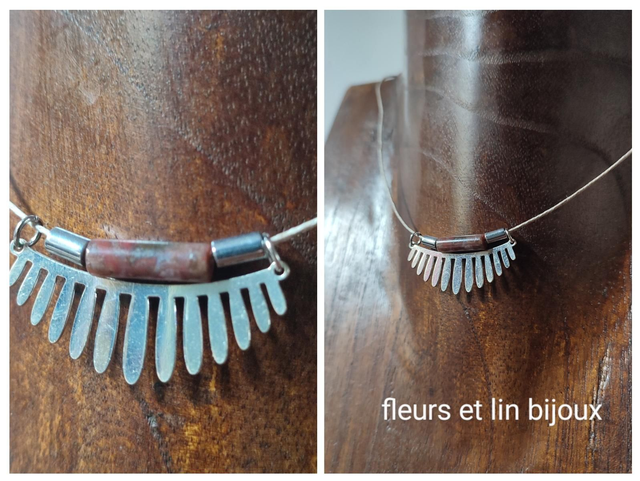 Collier agate indienne et pendentif en acier inoxydable argenté monté sur fil de lin avec chaîne d&#039;extension, pièce unique 