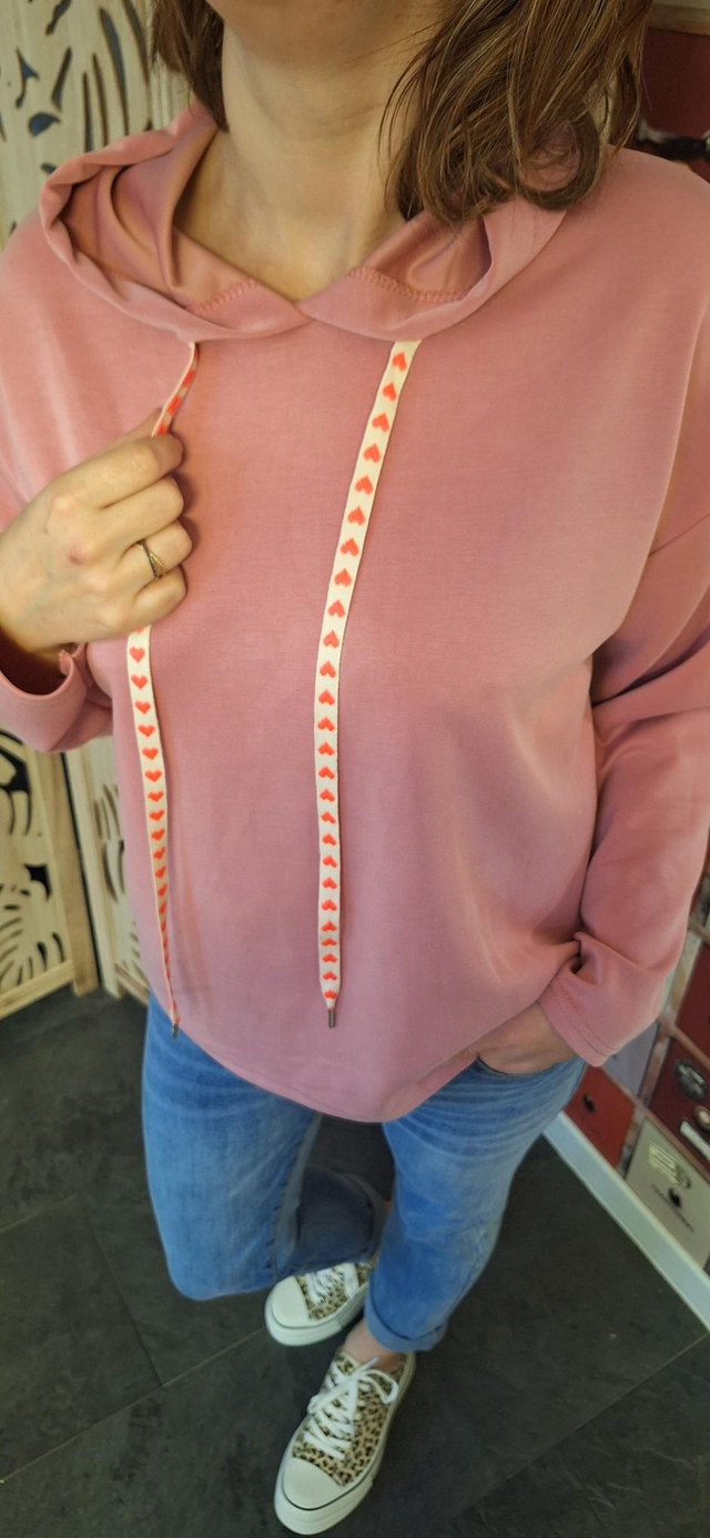sweat uni capuche rose poudré