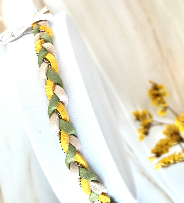 Bracelet TRESSE Plaqué Argent Cuir Jaune Rose Vert