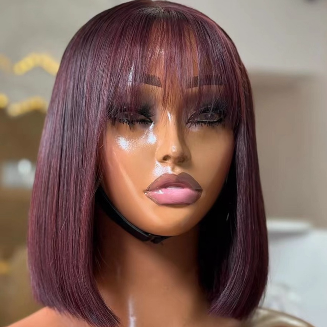 Perruque Bob Lisse avec Frange – Bordeaux