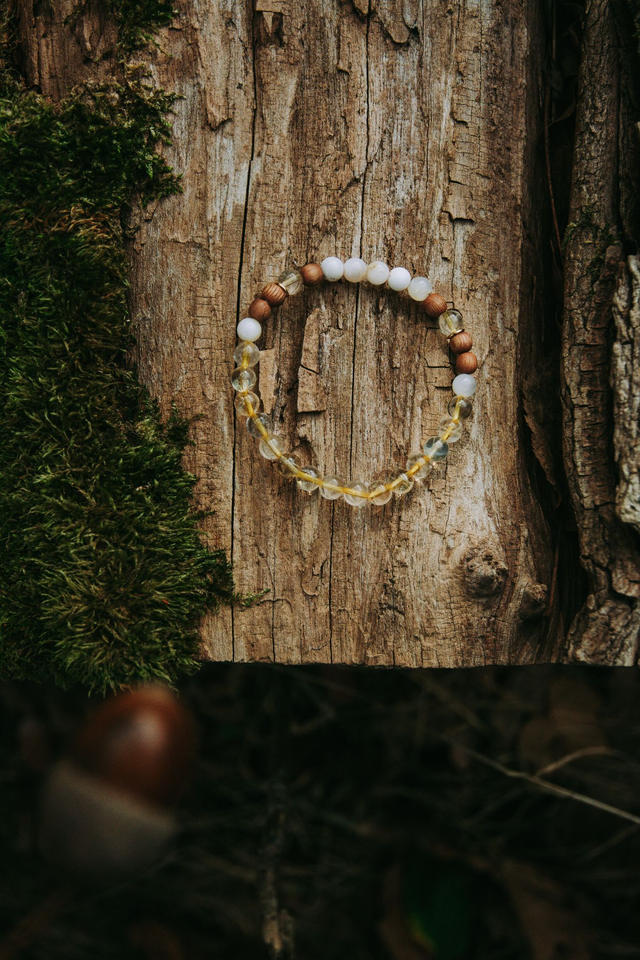 Bracelet Sensoriel, Citrine & Opale blanche, bois