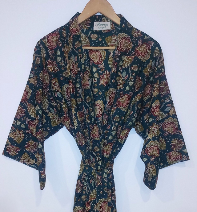 Robe kimono en coton - Peignoir, robe de chambre - Motif floral - Vert, rouge, jaune - L100cm et L120cm   