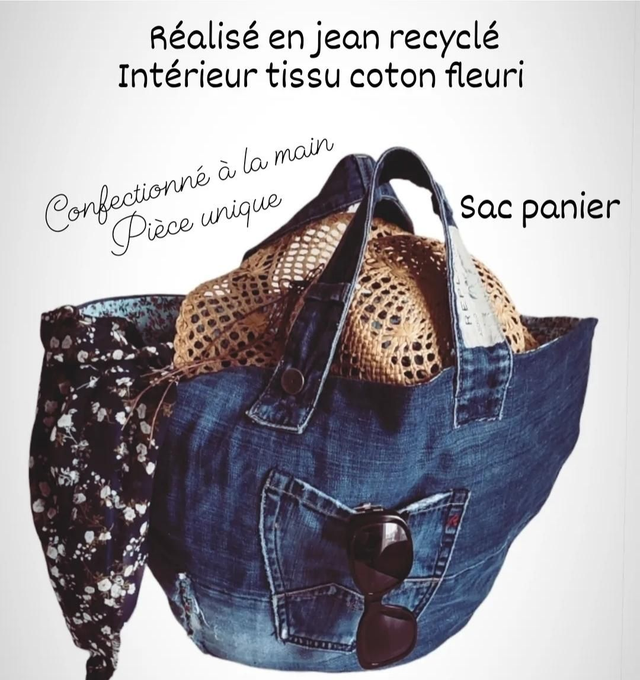 Panier cabas jeans recyclé ( upcycling) pièce unique 