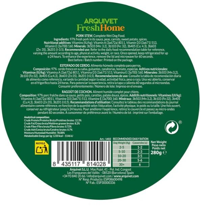 Ragoût de porc / FreshHome - 9 bols x 280 Grs = 2.520 Kg - Arquivet / ARQ1402