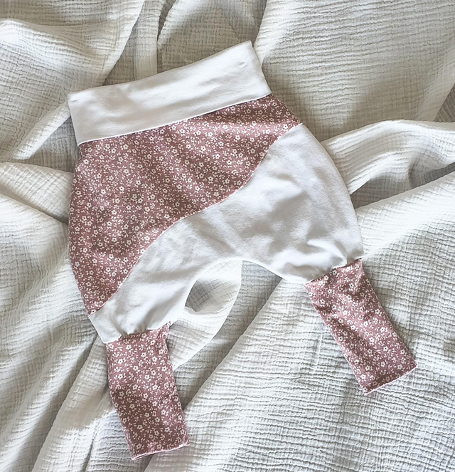 Sarouel Bébé Long Évolutif Jersey Coton Fleurs rose/Blanc