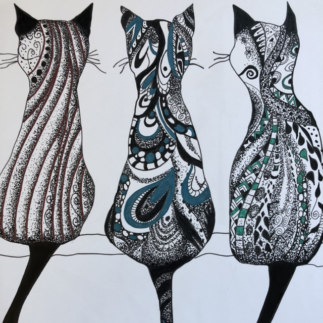 Chats en trio perchés - 23 x 32 cm - encadrement noir