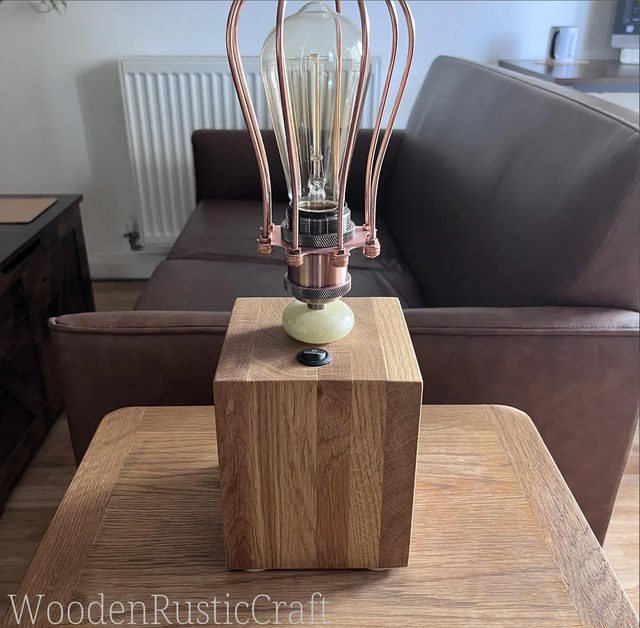 Large, Heavy Oak Cube Lamp with Metal Bulb Guard