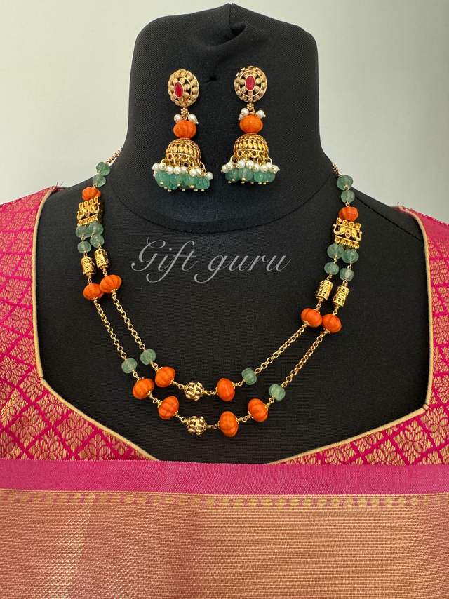 Gold Replica Jewellery – Handmade Orange Pearl Haram with Matching Earrings
