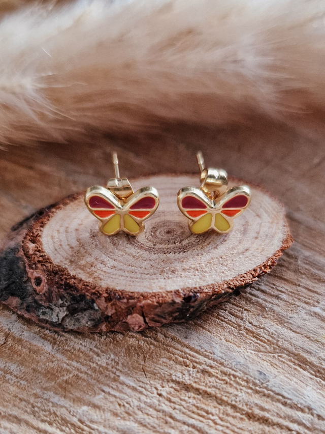 Boucles d'oreilles puces "Papillons" - Modèle prune, orange et jaune