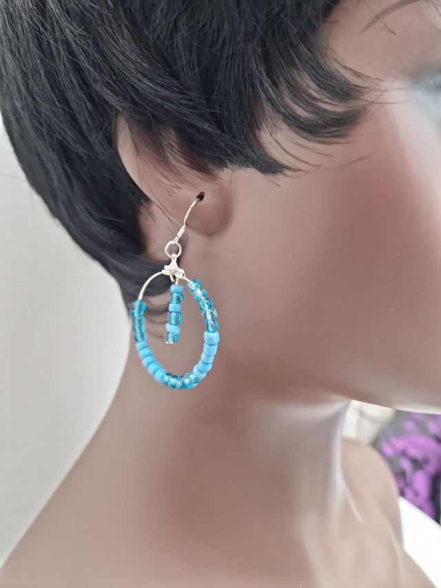 Boucles D'oreilles Créoles Pendantes Acier Perles Bleues Turquoises