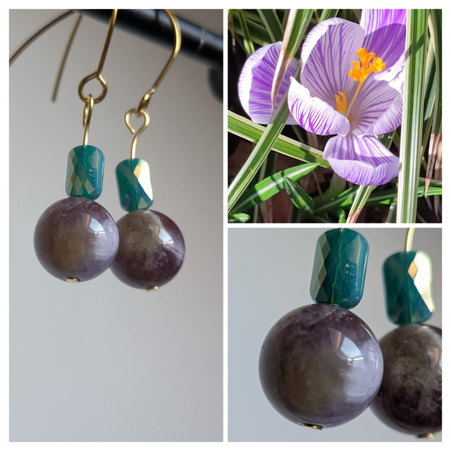 Boucles améthyste et verre bleu paon en acier inoxydable doré -sans nickel -