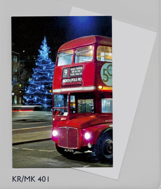  Folded Xmas card : London Bus to North Pole Rd. Message inside 7.5&quot;x 5&quot;