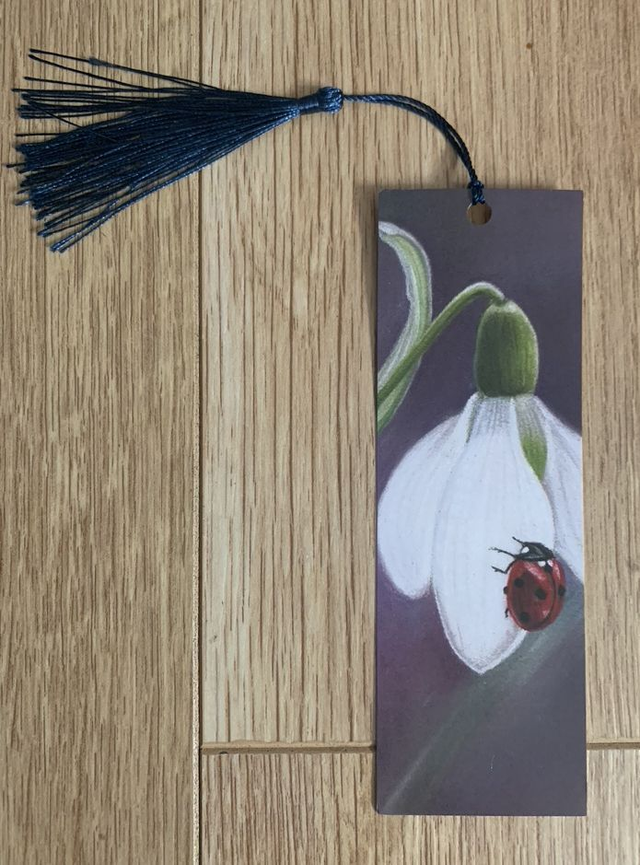 Bookmark - Ladybird on Snowdrop -  with tassel (random colour thread)