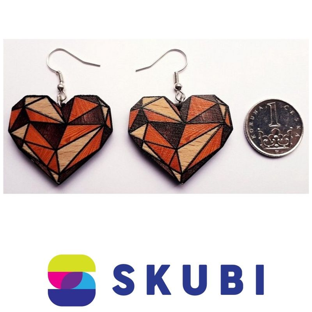 Dřevěné náušnice - Srdce - mozaika (3,5 cm)