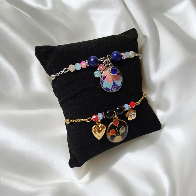 bracelet acier inoxydable motifs japonais bleu rose et argenté