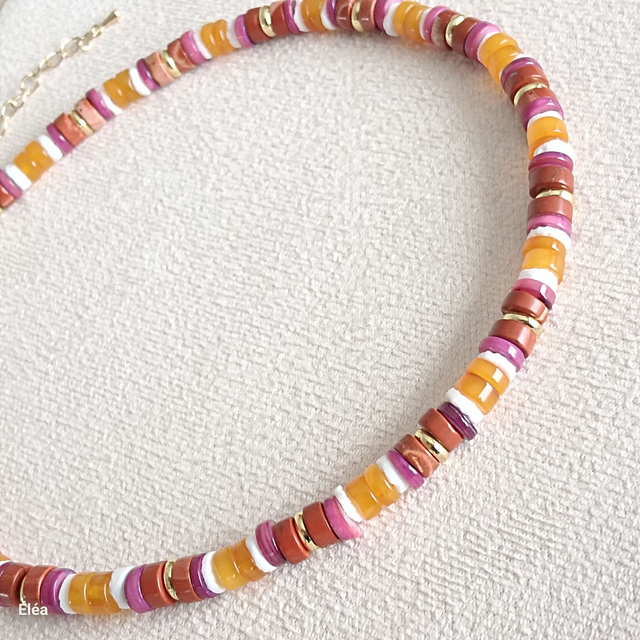 Collier ras du cou en Jaspe rouge, ambre & plaqué or