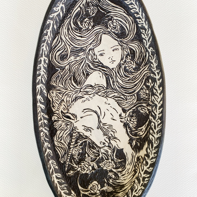 Last Unicorn wall hung platter- Tish Campbell Exhibition 