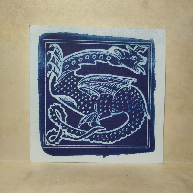 Cyanotype Lettrine S au dragon