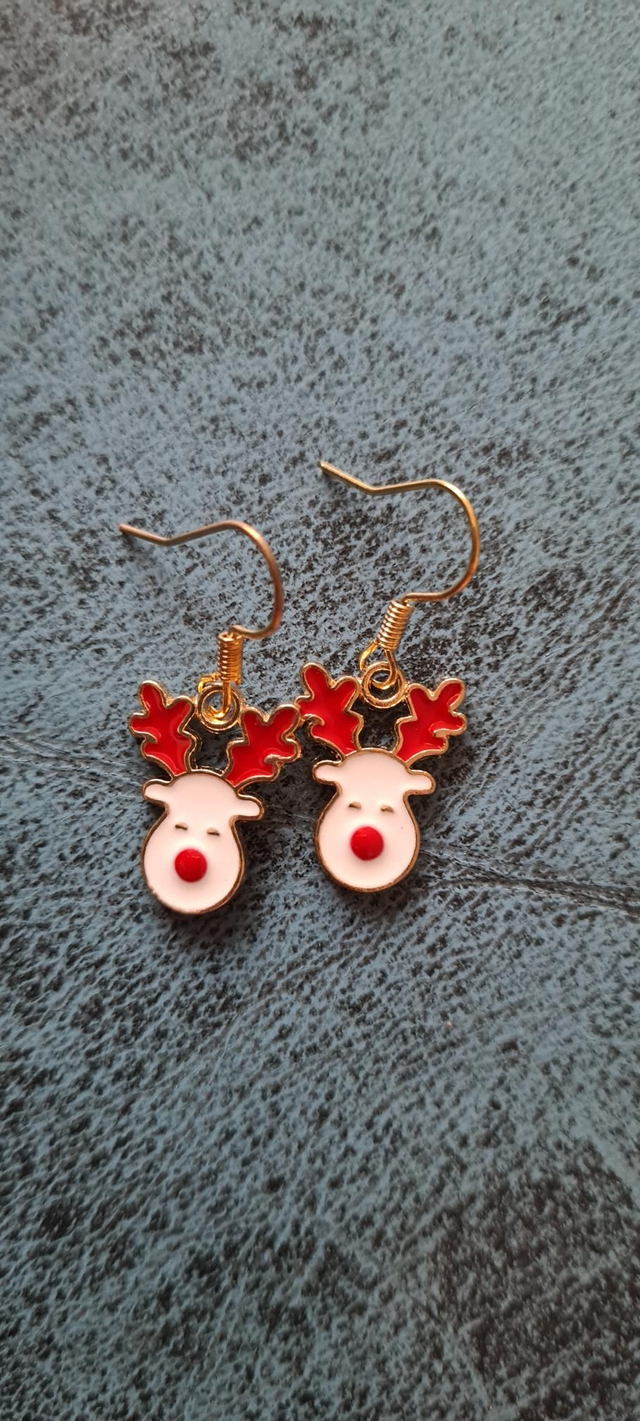 New Gold Enamel Red White Reindeer Earrings Hooks