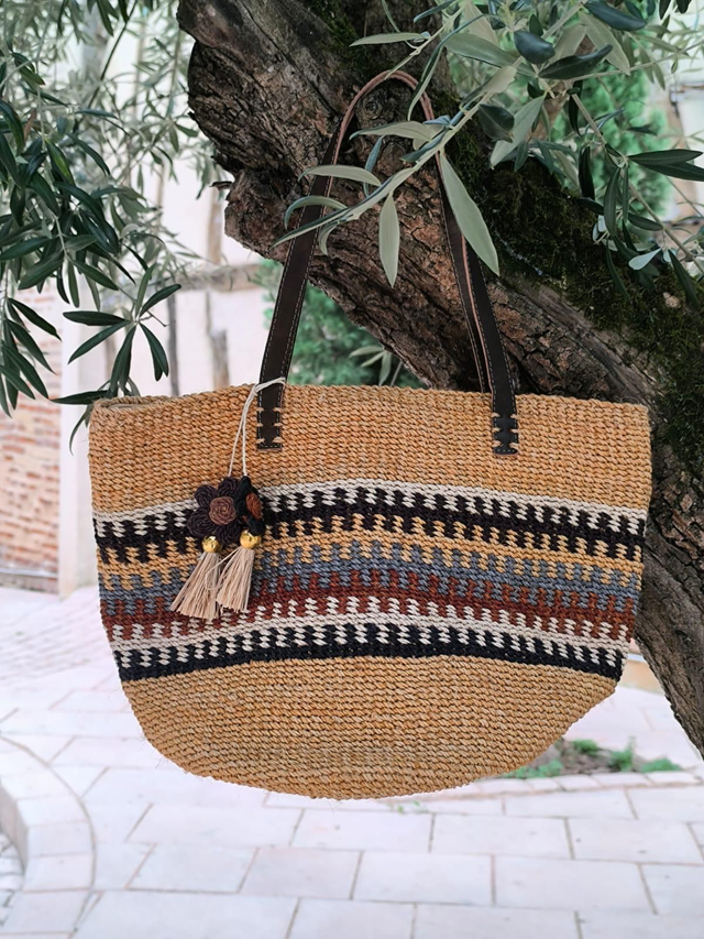 Sac cabas en Raphia à motifs beige 