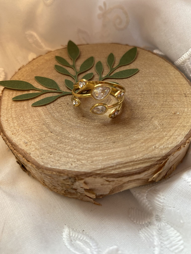 Bague Feuilles Dorées er Strass 