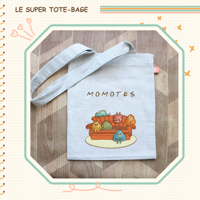 Tote-bag illustré d'une bande de Momote