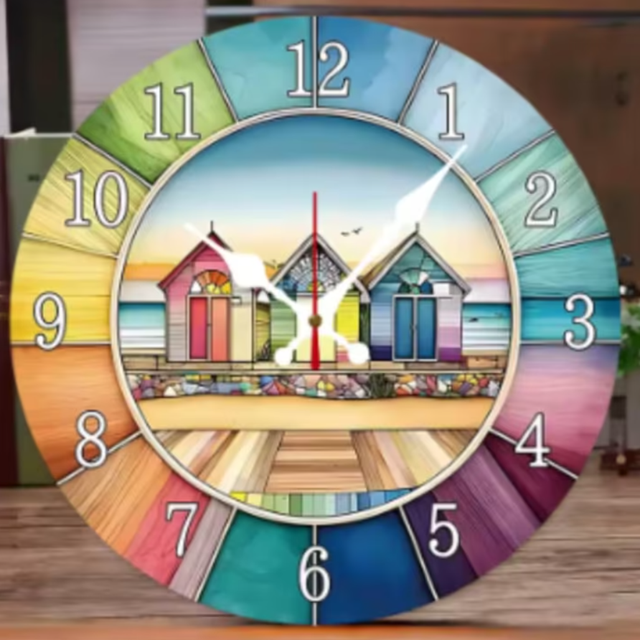 Ronde wandklok van hout Strandhuisjes (25cm)