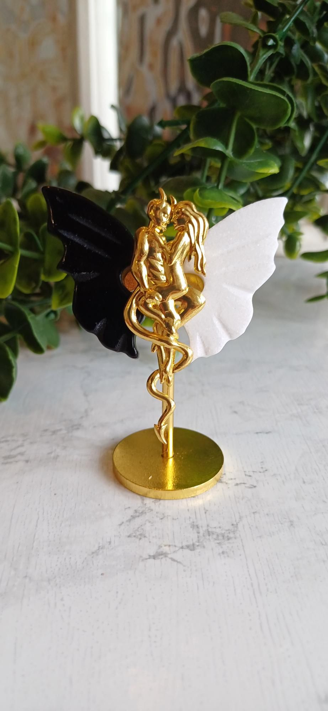 Obsidian & White Jade Angel and Demon Lover Wings on Stand