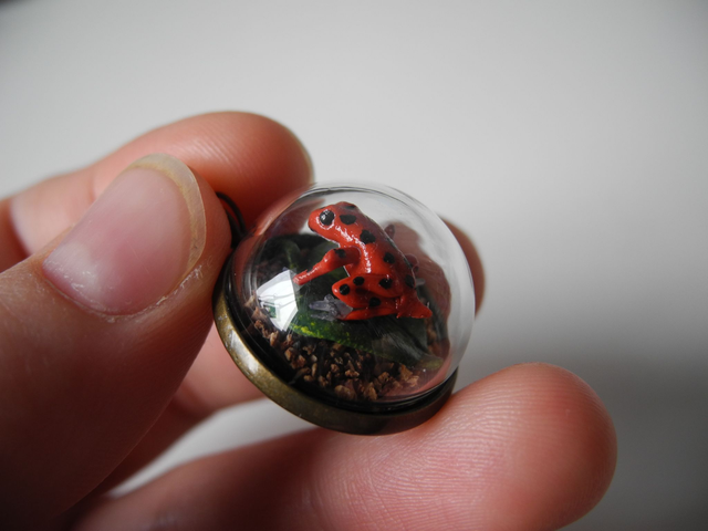 Strawberry Frog - OOAK Biosphere Brass Pendant - Clear glass dome with a delicate handmade poison dart frog inside - colourful jewelry