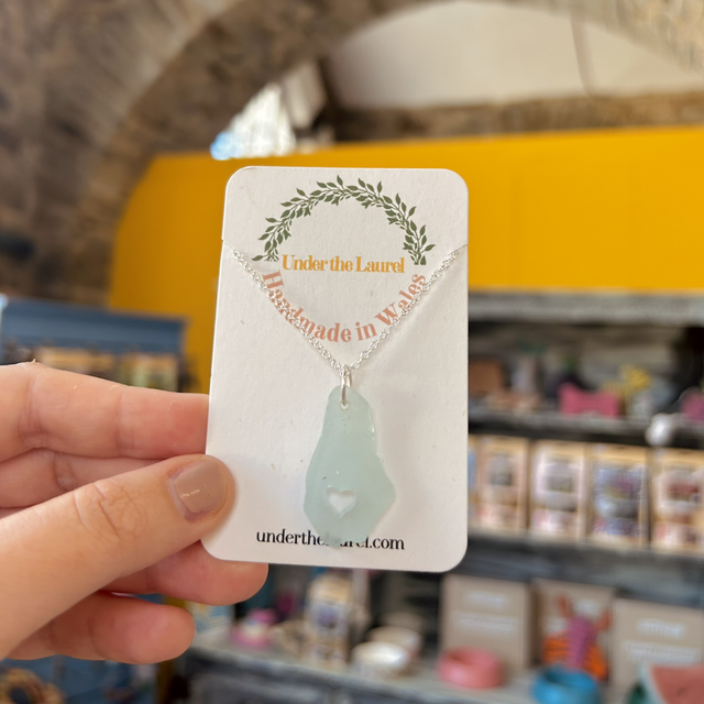 Carved Heart Sea Glass Blue and Silver