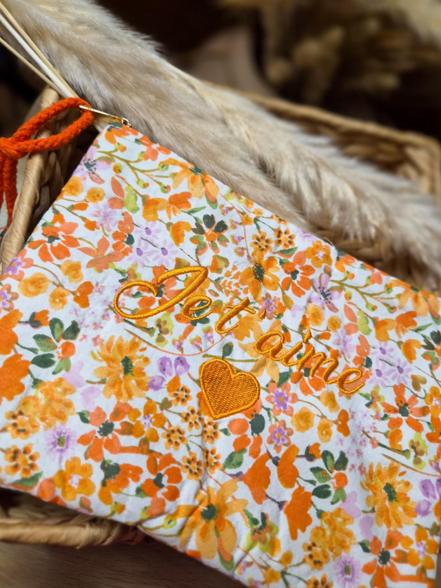 Pochette à message fleurie "Je t'aime" - Modèle orange