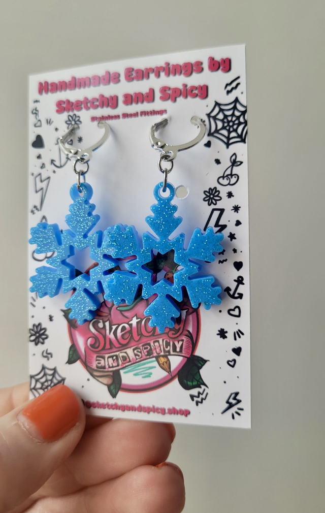 Earrings | Blue Glitter Snowflake Earrings | Stainless Steel Hoops