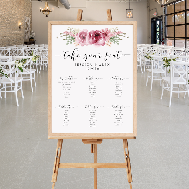 Blush and dusky pink flowers design seating plan - A2 or A1 size
