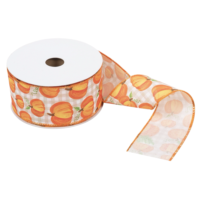 Premium Wire Edge Ribbon: Printed: 25m x 63mm: Pumpkins 