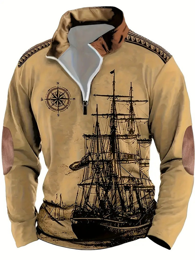 Men's Vintage Sailboat Print Polo Shirt 