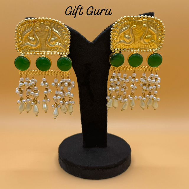 Brass green stone ear rings with pearl hangings 