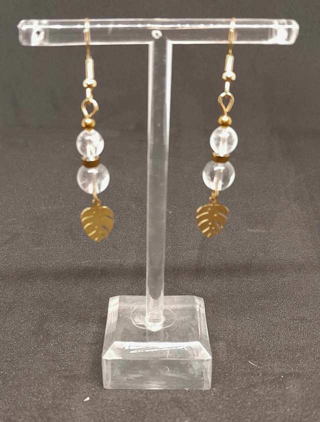 Boucles d&#039;oreilles cristal de roche acier or inoxydable