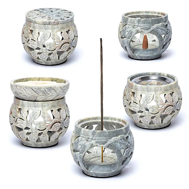 Brûleur multi-usages en stéatite marbrée motif floral