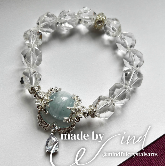 Made by Wind Series: 11mm Clear Quartz Diamond Beads × 15mm Aquamarine Bracelet