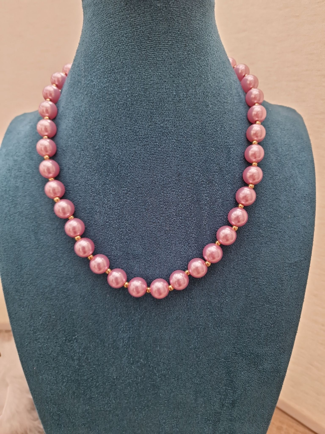 Parure Collier Bracelet De Perles Rose Lila Doré