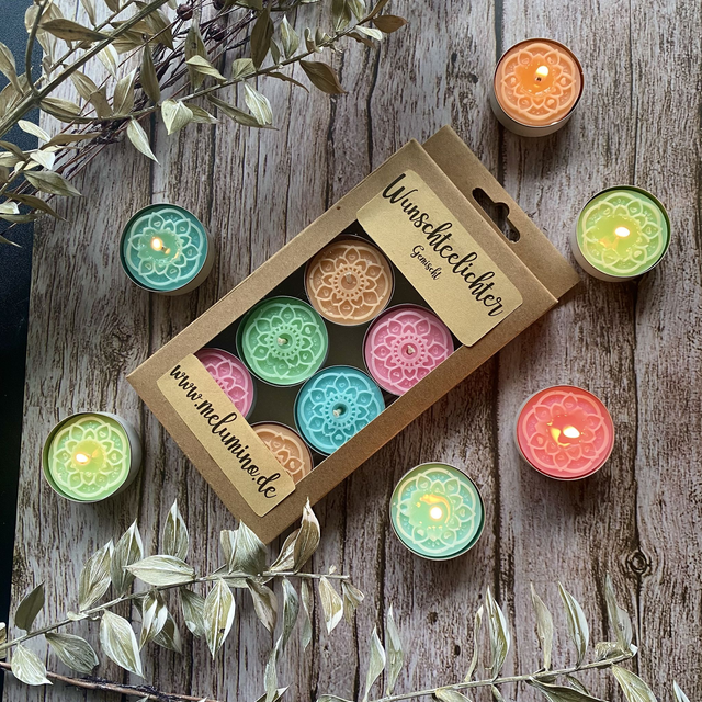 Wunschteelichter Sets mit Sprüchen und 4 tollen Düften
