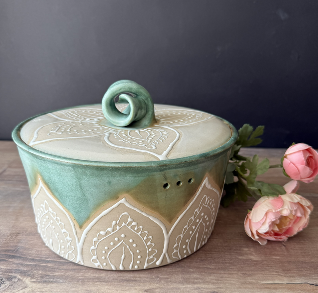 Small stoneware bread crock with hand-painted mandala patterns