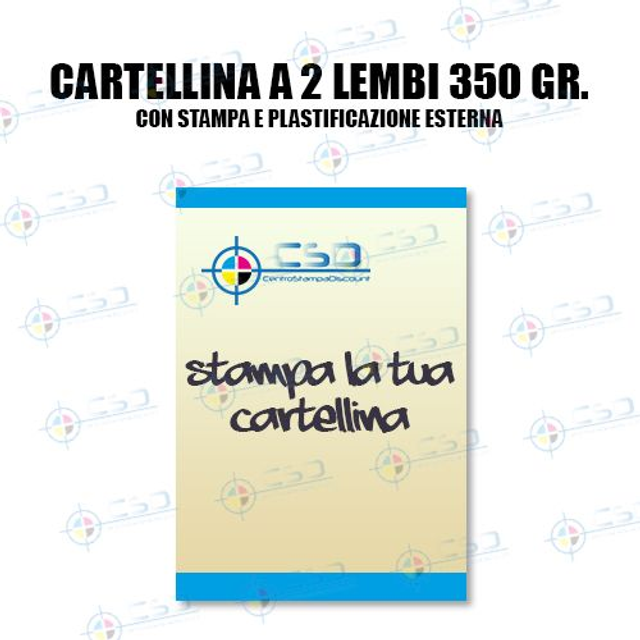 Cartelline a due lembi pronte in 14 giorni: quadricromia e plastificazione lati esterni, formato utile interno A4, 350 grammi (prezzo con IVA)