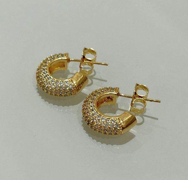 Brinco argola redonda pino cravejada Tam P banhado em ouro 18k